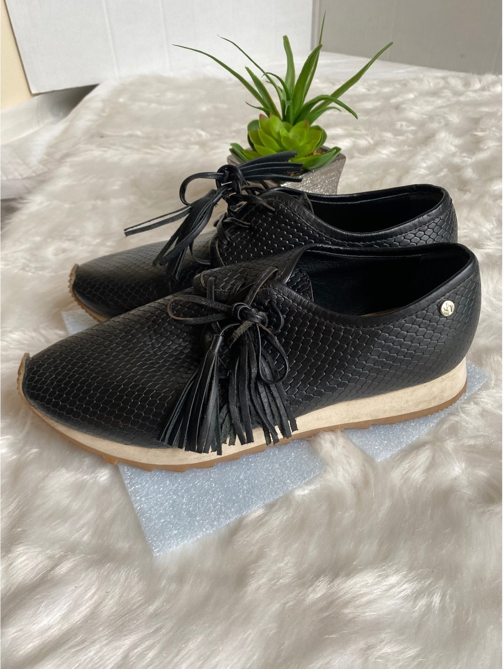 Black Faux Snakeskin Leather Dress Shoes with Tassel Detail